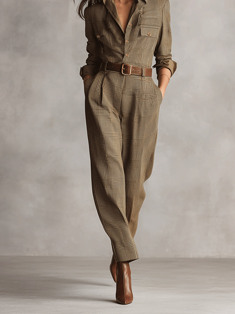 CÉLIA - Brown Checked Wide-Leg Jumpsuit