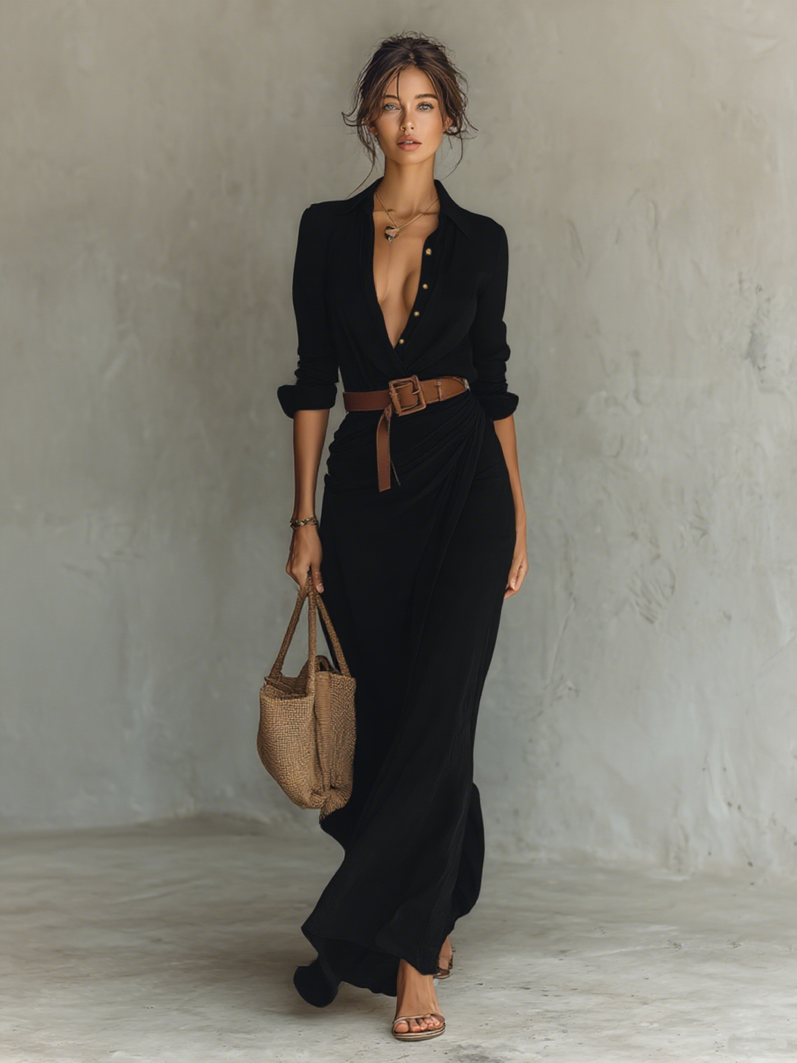 VICTORY - Notched-Collar Flowing Maxi Dress