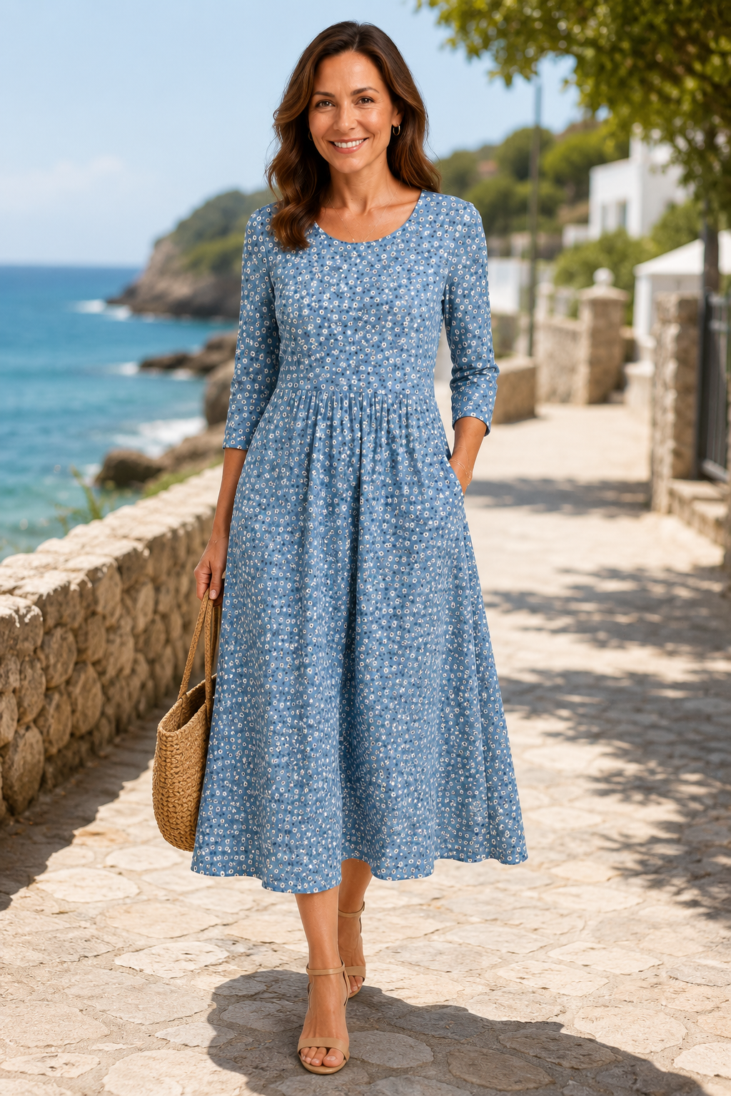 Elisa-Blue Floral Midi Dress