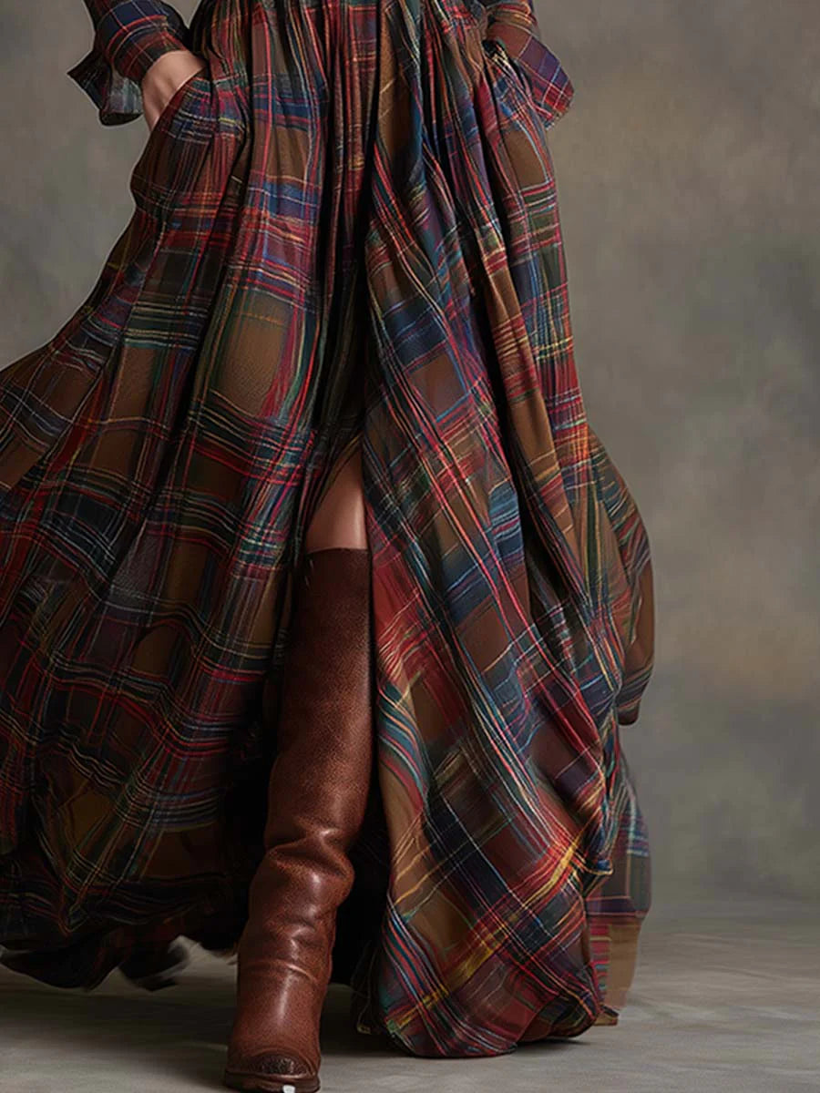 BÉATRICE - Belted Check Shirt Maxi Dress