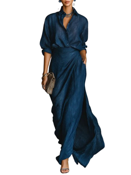 CÉLESTE - V-Neck Shirt and Maxi Skirt Set
