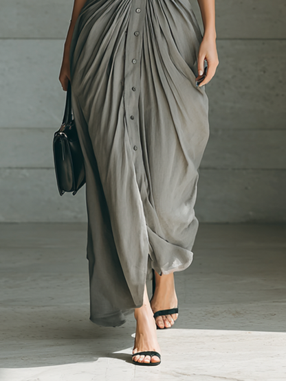 ZEPHYRINE - Belted Pleated Lapel Maxi Dress