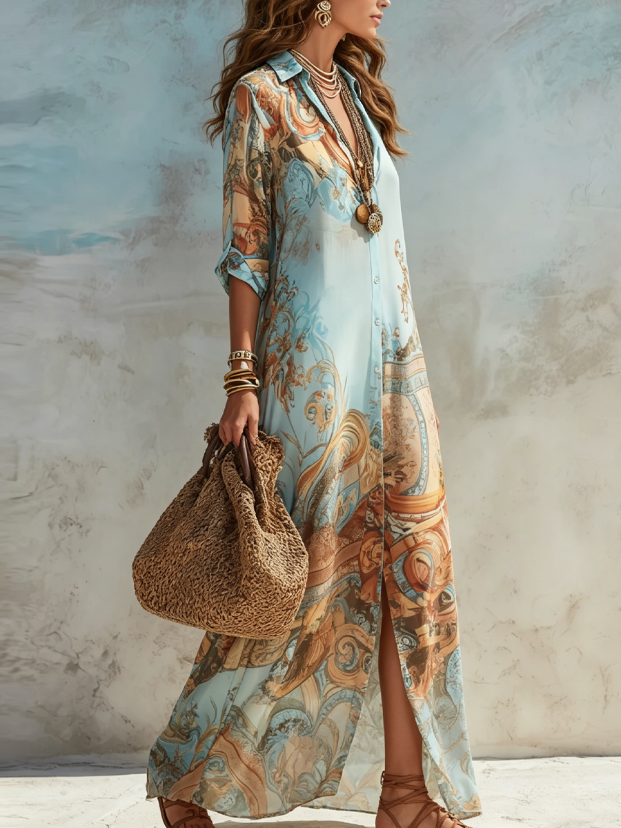 Ruby | Baroque Style Floral Blue Chiffon Maxi Dress