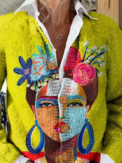 Painting Portrait Art Printed Buttoned Cardigan