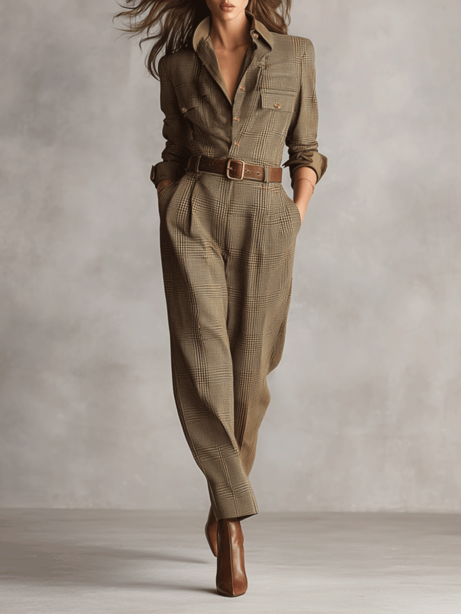 CÉLIA - Brown Checked Wide-Leg Jumpsuit