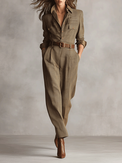 CÉLIA - Brown Checked Wide-Leg Jumpsuit