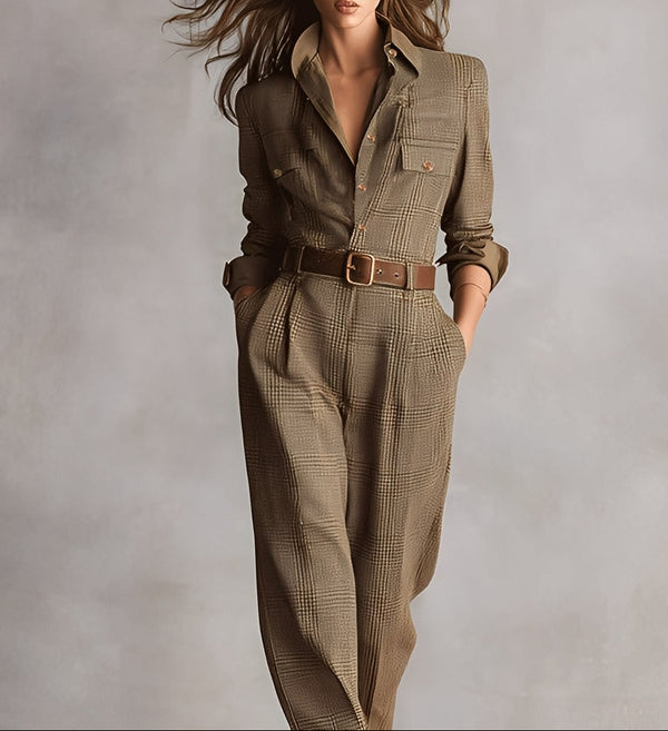 CÉLIA - Brown Checked Wide-Leg Jumpsuit