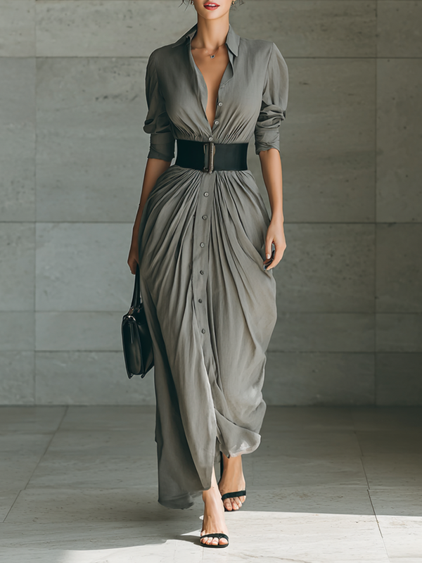 ZEPHYRINE - Belted Pleated Lapel Maxi Dress