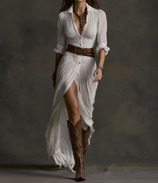 AURORE - Pleated Reverse-Collar Maxi Dress