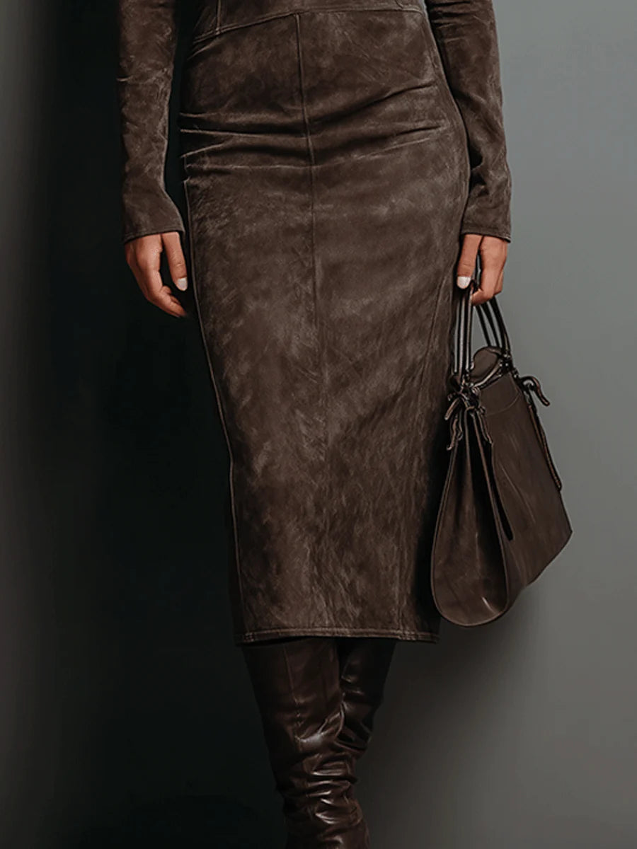 LORÈNE - High-Neck Brown Midi Dress