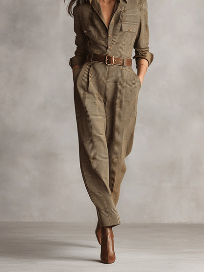 CÉLIA - Brown Checked Wide-Leg Jumpsuit