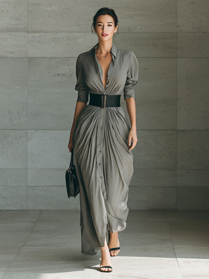 ZEPHYRINE - Belted Pleated Lapel Maxi Dress