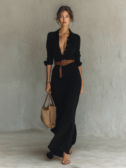 VICTORY - Notched-Collar Flowing Maxi Dress