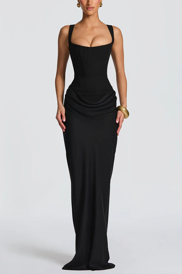 ÉLÉONORE - Square-Neck Glossy Maxi Dress