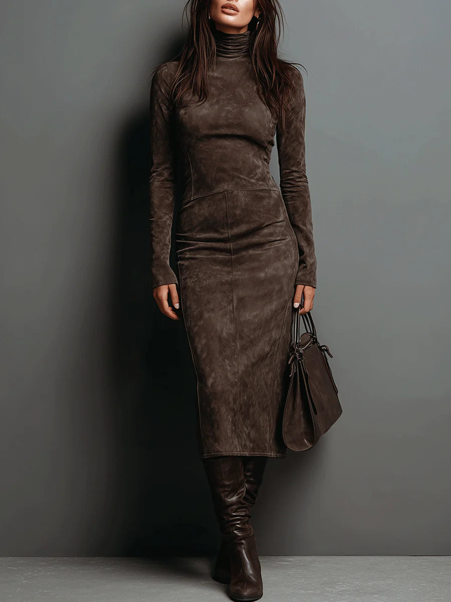 LORÈNE - High-Neck Brown Midi Dress