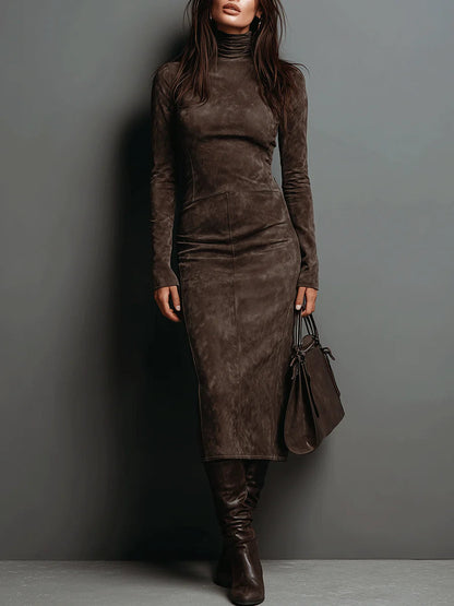LORÈNE - High-Neck Brown Midi Dress