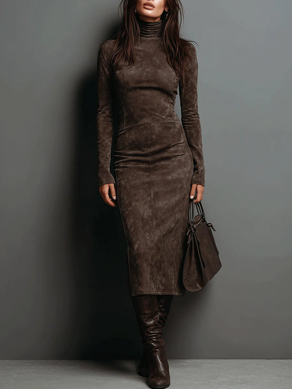 LORÈNE - High-Neck Brown Midi Dress