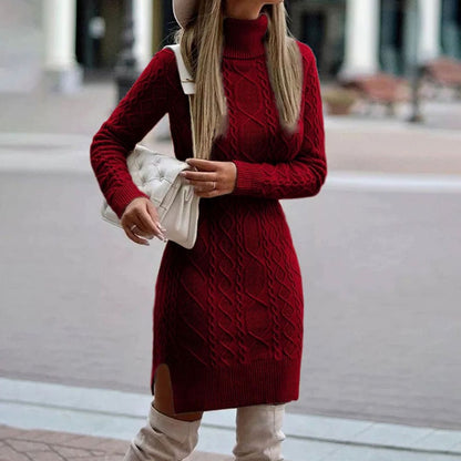 Natalie | Women's Cable-Knit Turtleneck Midi Jumper Dress with Side Split