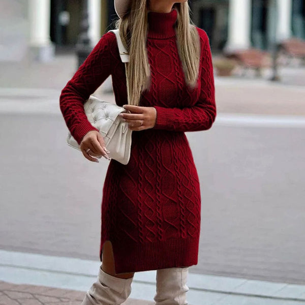 Natalie | Women's Cable-Knit Turtleneck Midi Jumper Dress with Side Split