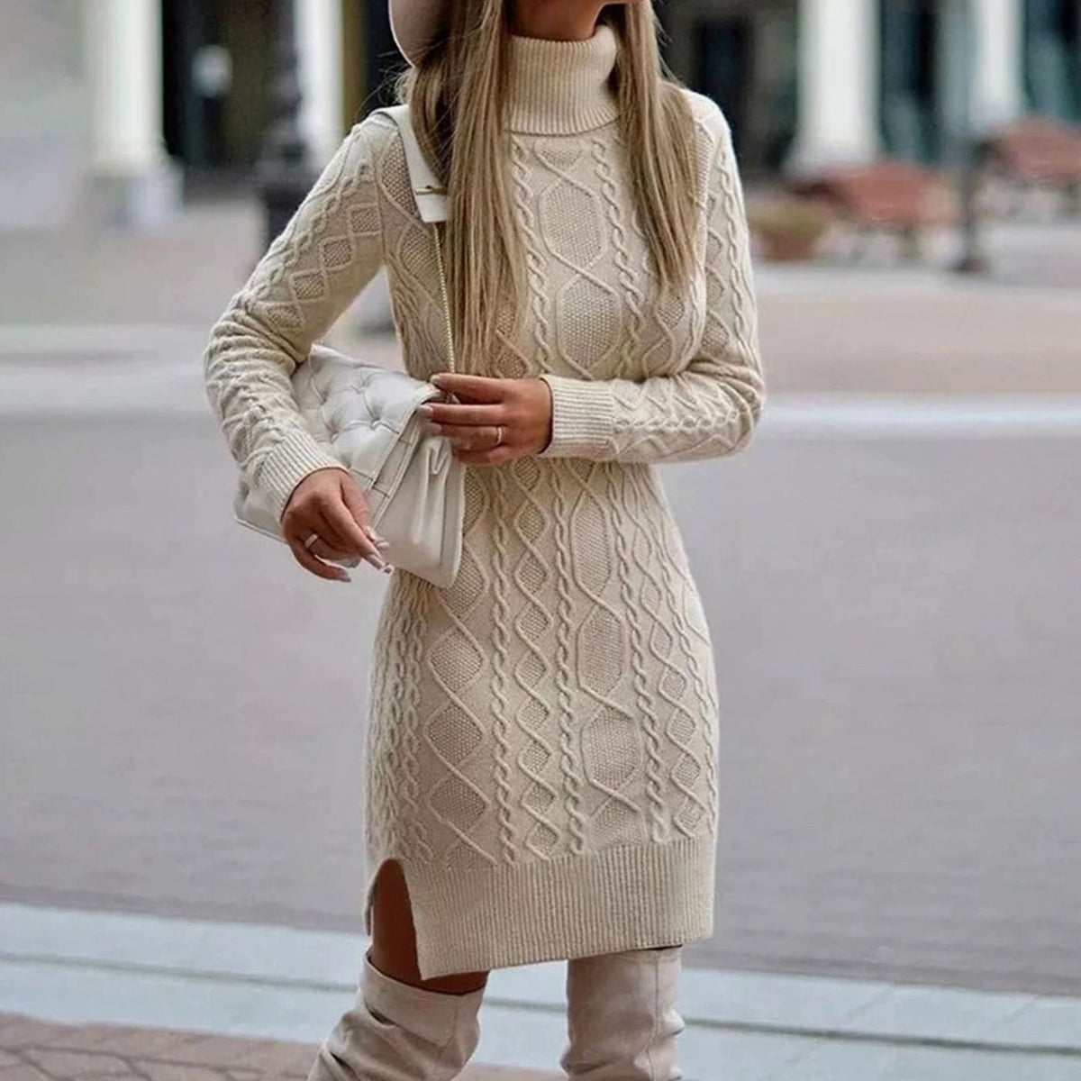 Natalie | Women's Cable-Knit Turtleneck Midi Jumper Dress with Side Split