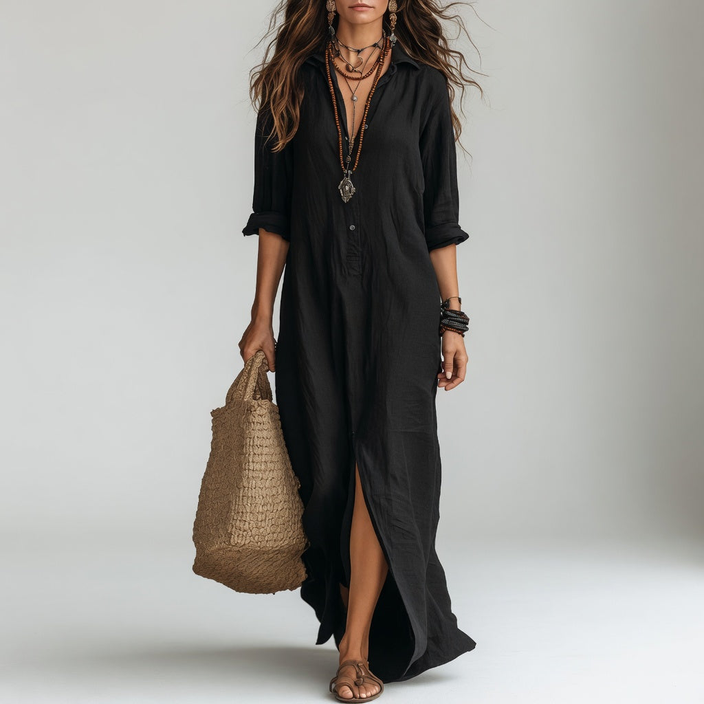 Violaine™ — Long Bohemian Shirt Dress with Natural Elegance