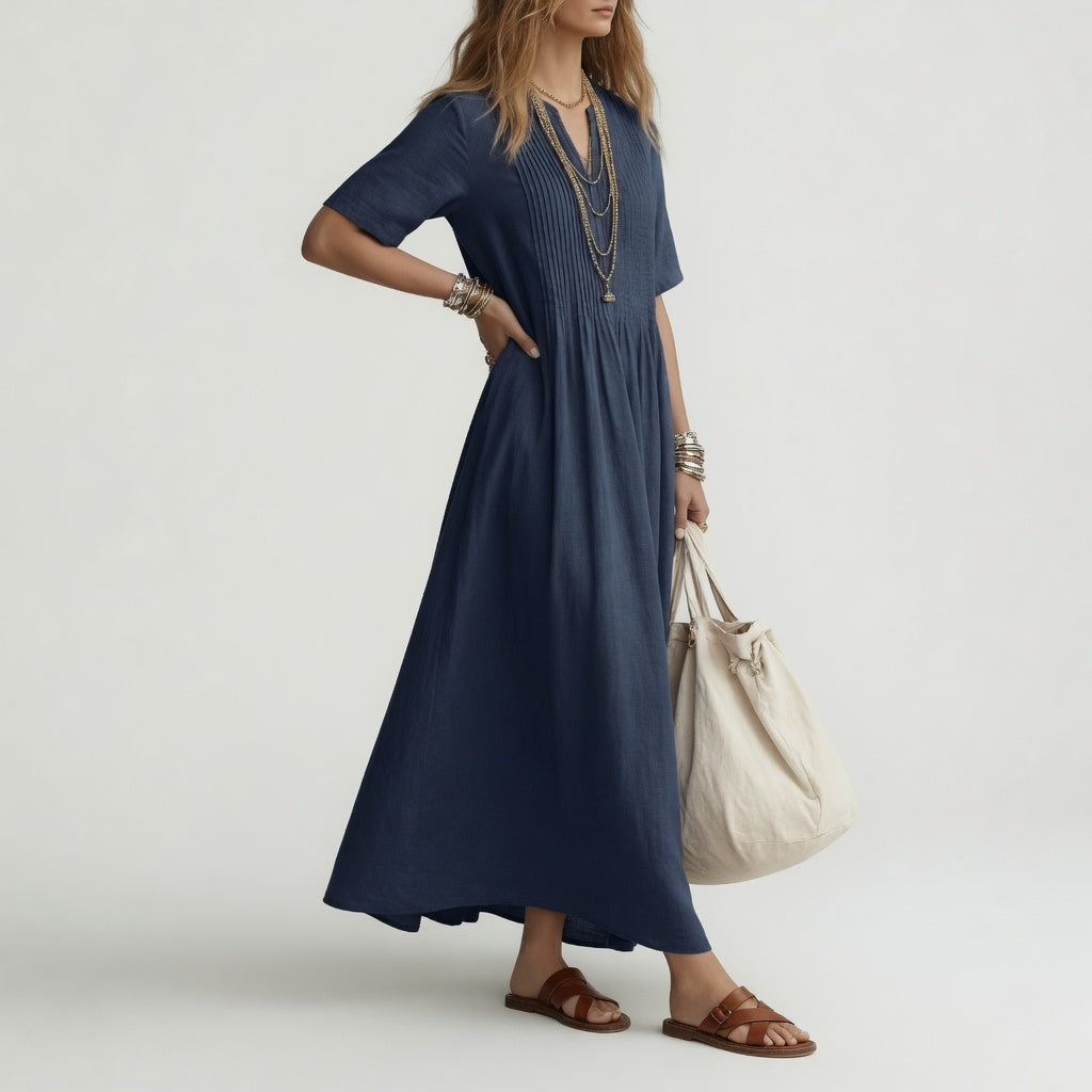 Pélagie™ — Long Cotton Dress with V-Neck for Summer Freedom