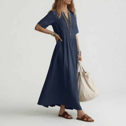 Pélagie™ — Long Cotton Dress with V-Neck for Summer Freedom