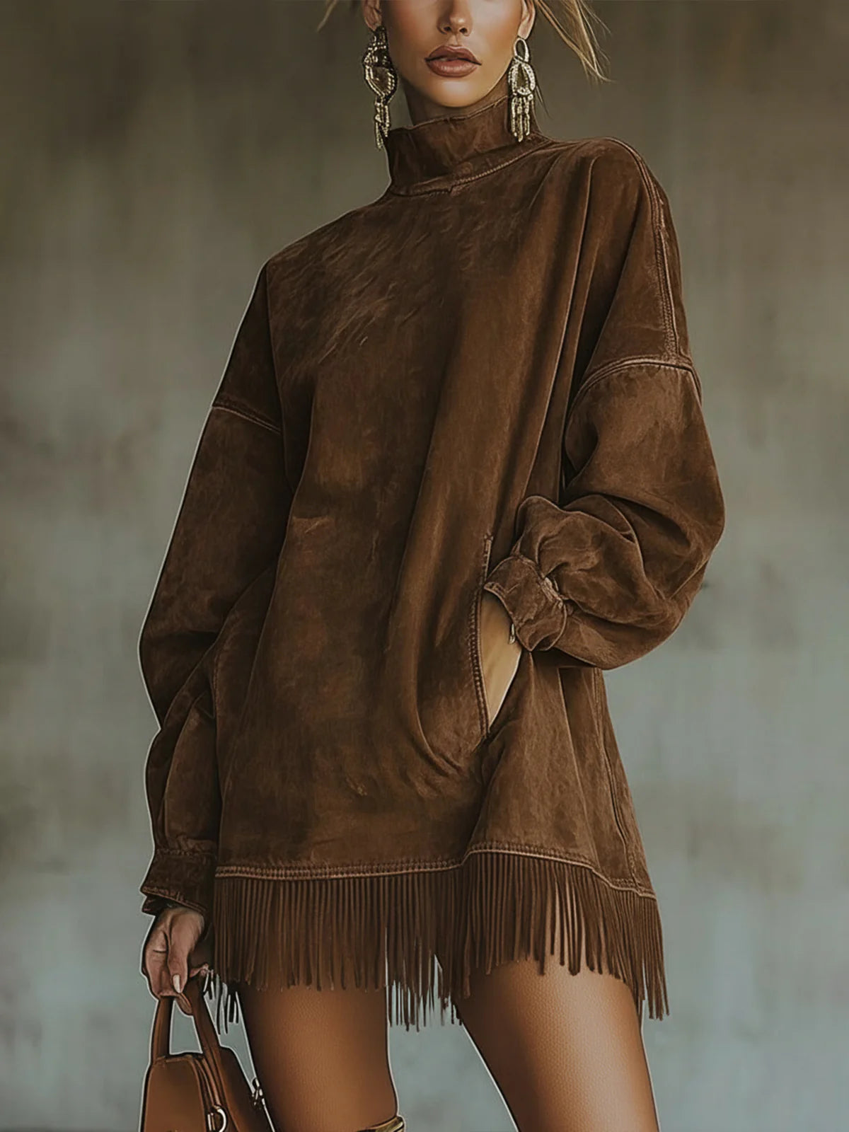 GABRIELLE - Fringe-Hem High-Collar Dress