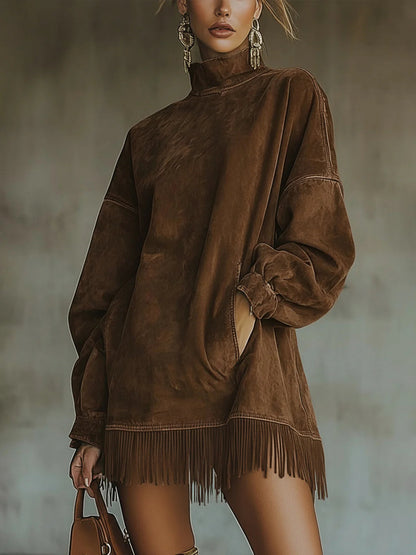 GABRIELLE - Fringe-Hem High-Collar Dress