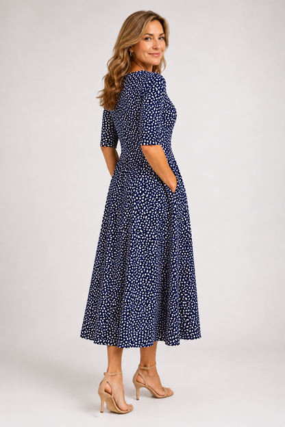 Marlowe-Navy Leaf Midi Dress