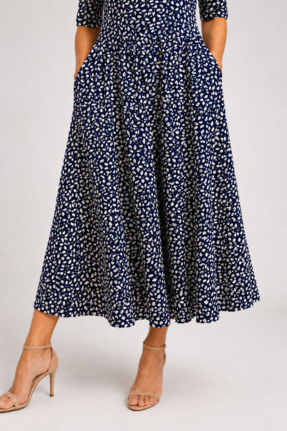 Marlowe-Navy Leaf Midi Dress