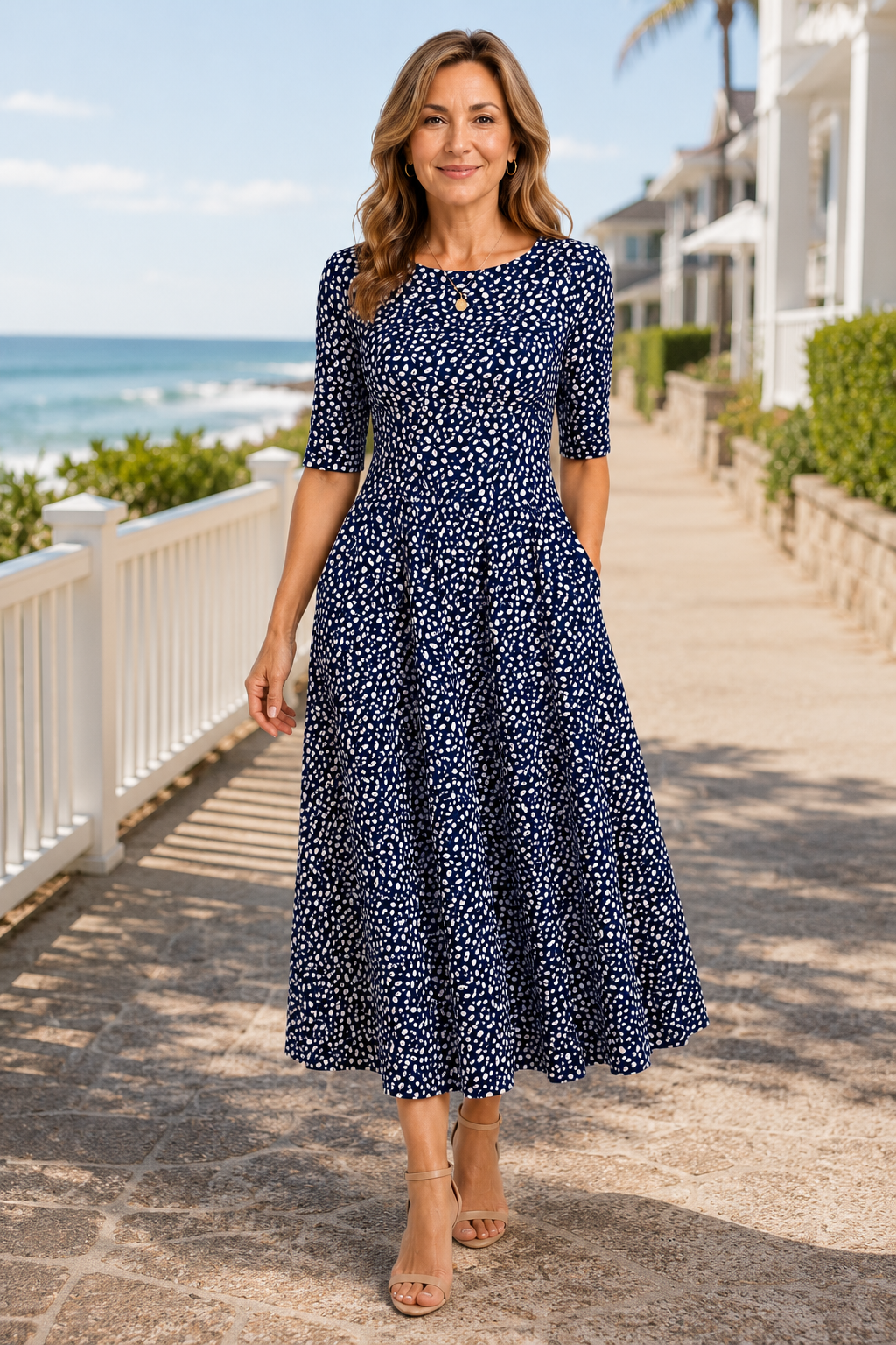Marlowe-Navy Leaf Midi Dress