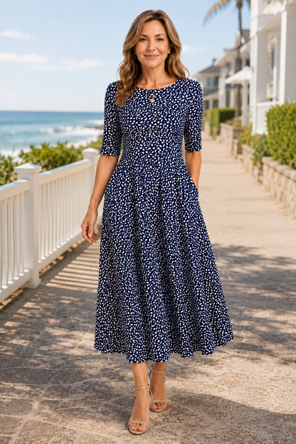 Marlowe-Navy Leaf Midi Dress