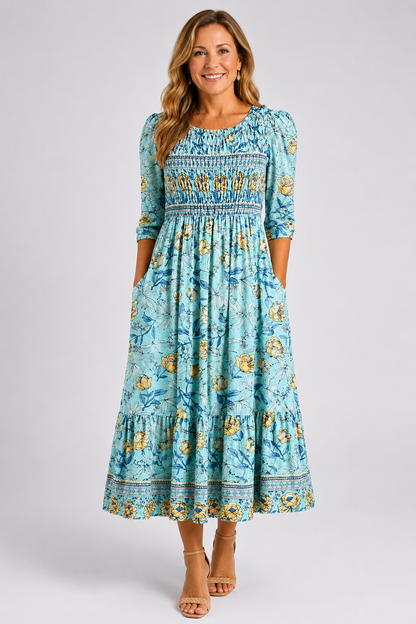 Maristella-Smocked Floral Midi Dress