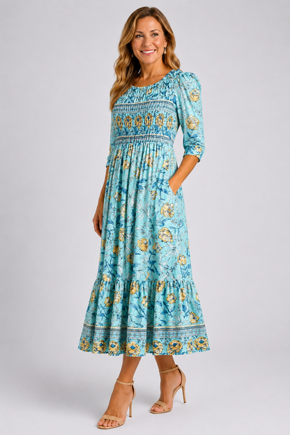 Maristella-Smocked Floral Midi Dress