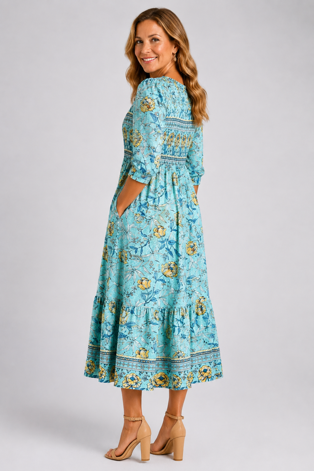 Maristella-Smocked Floral Midi Dress
