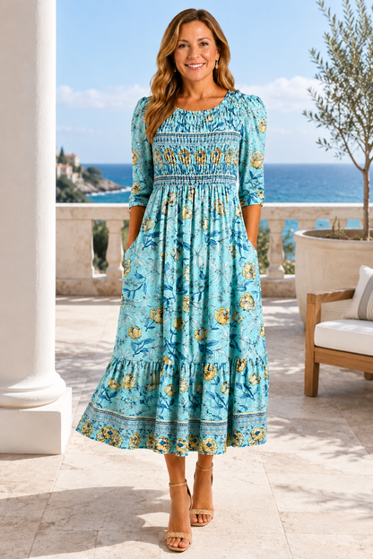 Maristella-Smocked Floral Midi Dress