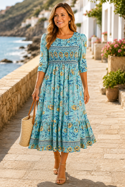 Maristella-Smocked Floral Midi Dress