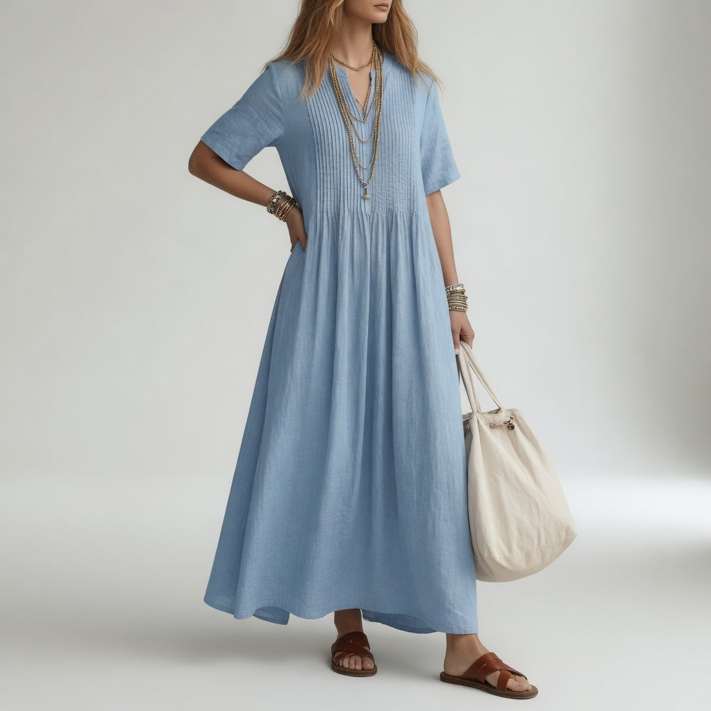 Pélagie™ — Long Cotton Dress with V-Neck for Summer Freedom