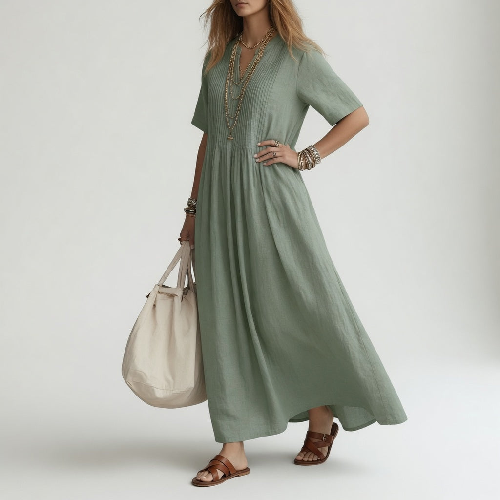 Pélagie™ — Long Cotton Dress with V-Neck for Summer Freedom