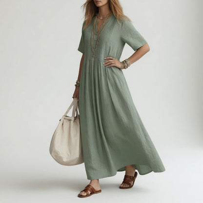 Pélagie™ — Long Cotton Dress with V-Neck for Summer Freedom