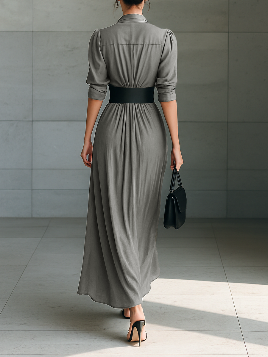 ZEPHYRINE - Belted Pleated Lapel Maxi Dress
