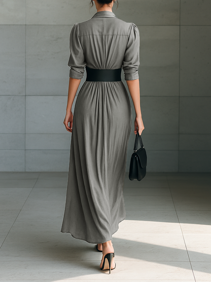 ZEPHYRINE - Belted Pleated Lapel Maxi Dress