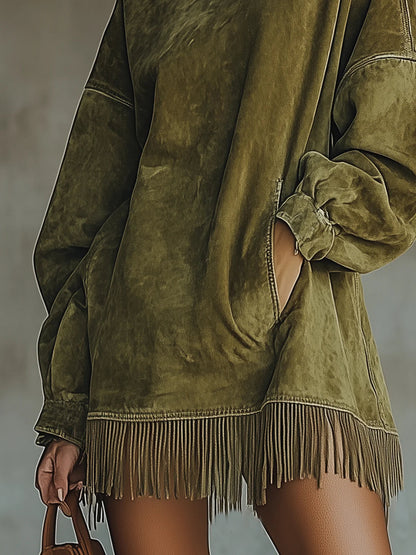 GABRIELLE - Fringe-Hem High-Collar Dress
