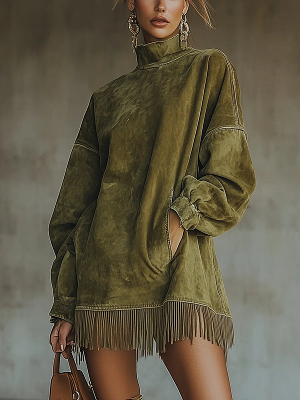 GABRIELLE - Fringe-Hem High-Collar Dress