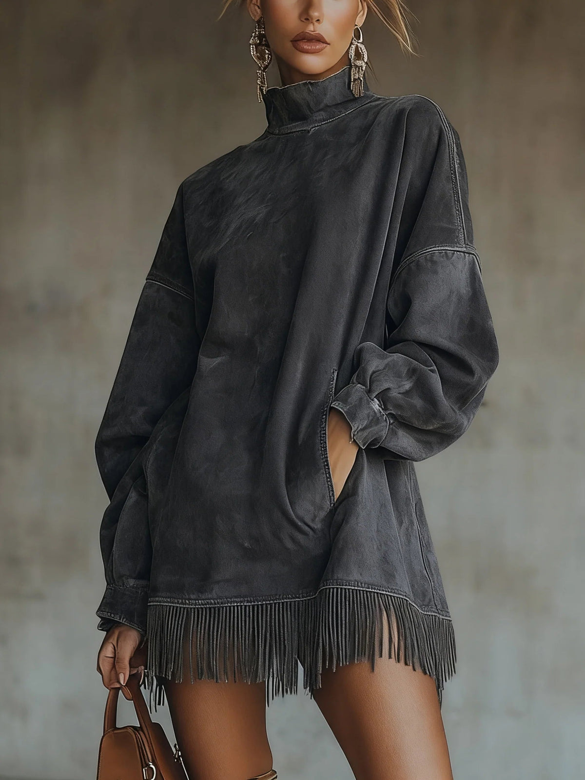 GABRIELLE - Fringe-Hem High-Collar Dress