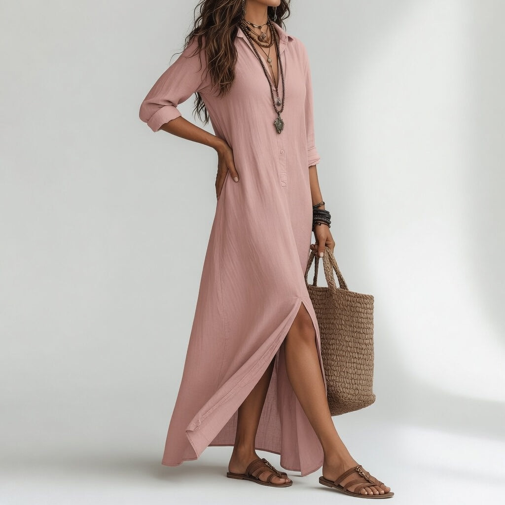 Violaine™ — Long Bohemian Shirt Dress with Natural Elegance