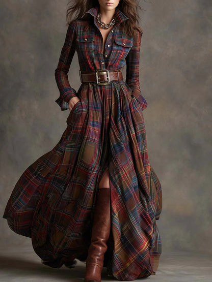 BÉATRICE - Belted Check Shirt Maxi Dress