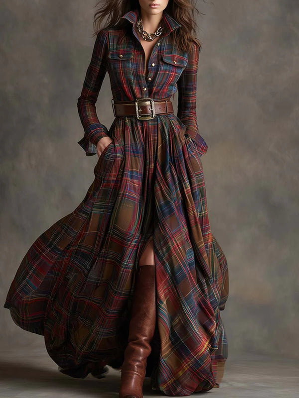 BÉATRICE - Belted Check Shirt Maxi Dress