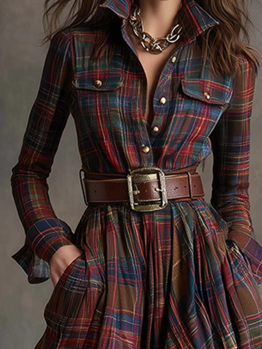BÉATRICE - Belted Check Shirt Maxi Dress